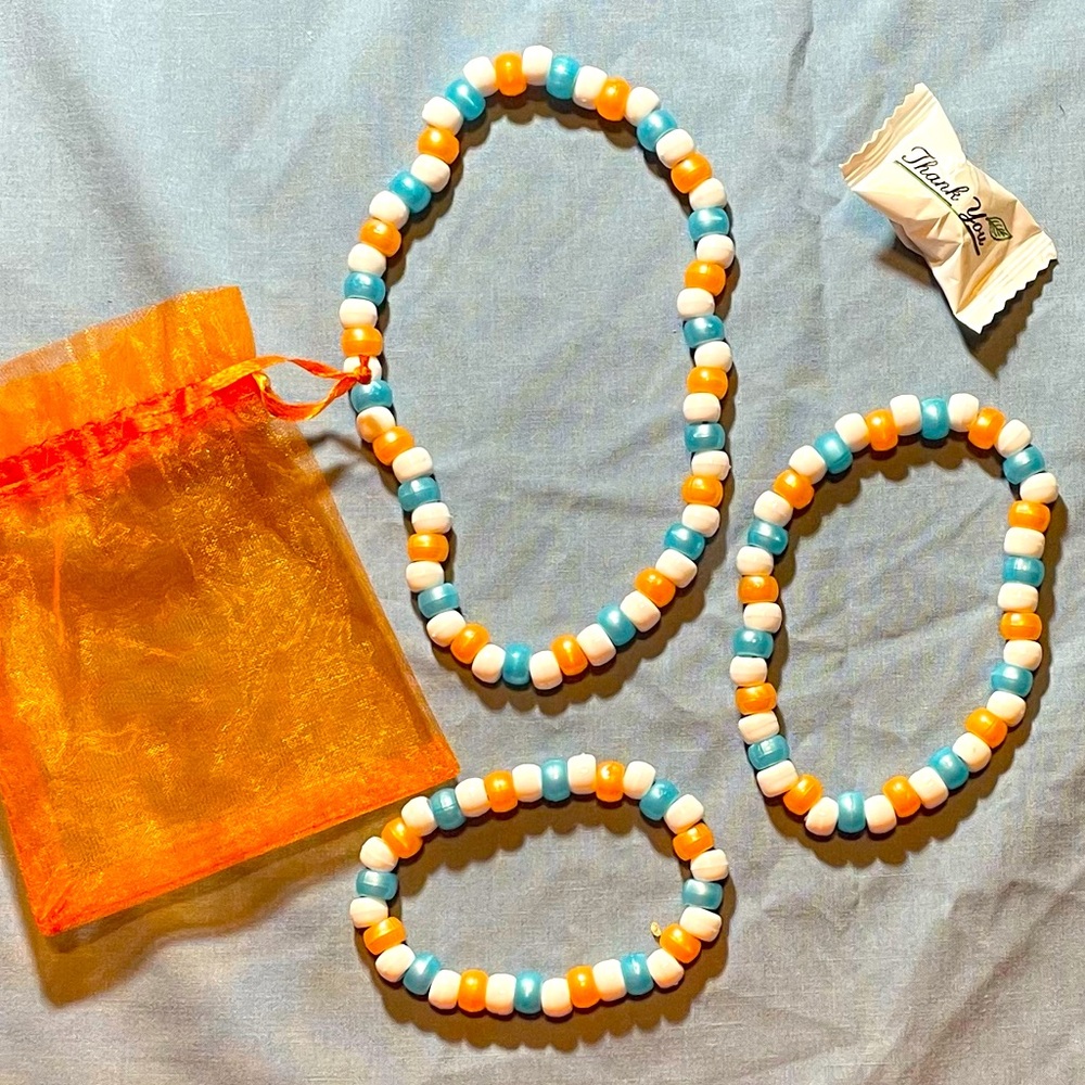 Tri-colored bead choker, anklet, and bracelet set for teen or young adult.